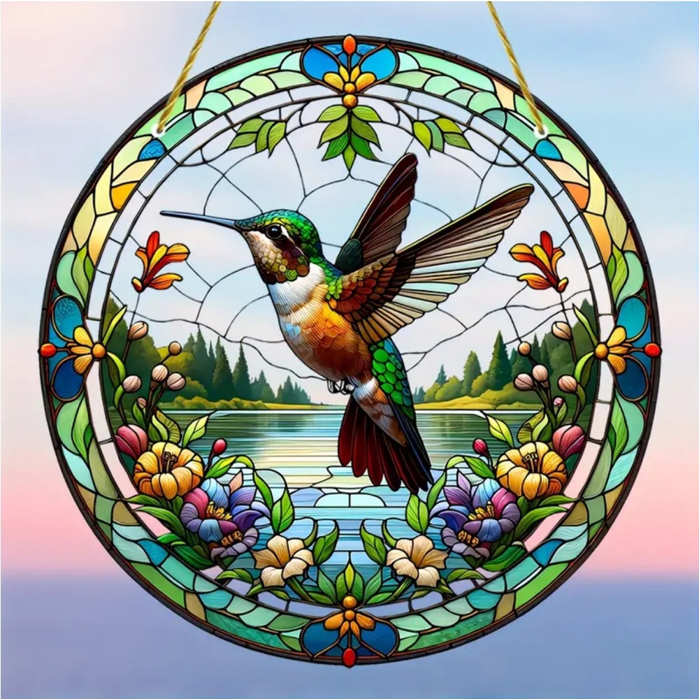 Floral Hummingbird 2D Hanging Acrylic Round Pendant Ornament Suncatcher